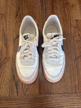 Nike Women's White Leather Sneakers with Navy Swoosh